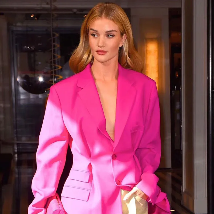 EWQ/2019 весенне осенний розовый красный костюм с отложным воротником длинный рукав