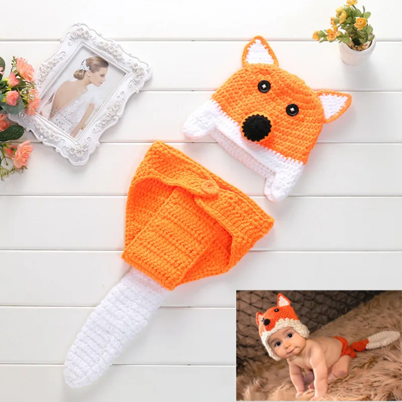 Photography Outfits Newborn Hand Knitting Woolen Yarn Fox Cap Baby Props Hat Acccessories 2pcs Set | Детская одежда и обувь