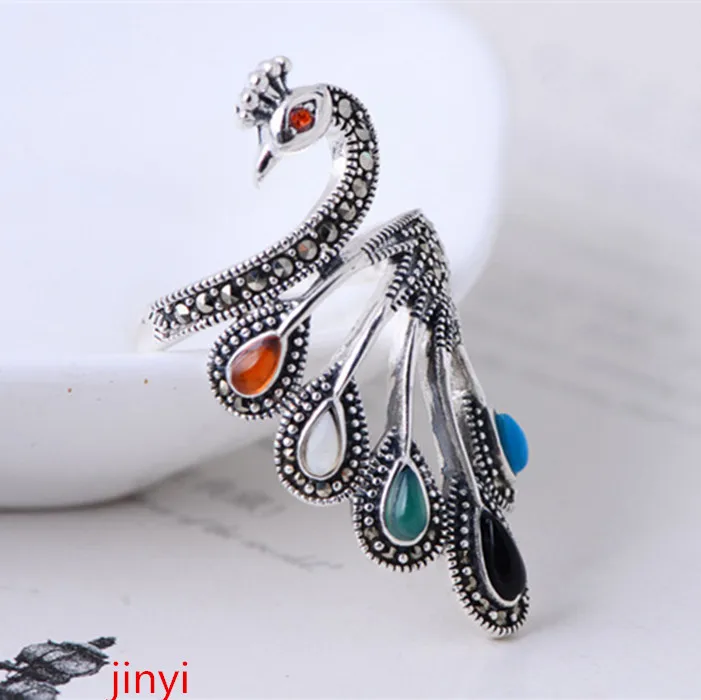

KJJEAXCMY Boutique jewelry S925 rings wholesale with colorful stone peacock lady's silver ring ring back to the ancients
