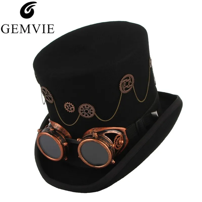 GEMVIE шерсть фетр стимпанк унисекс высокие шляпы с зубчатыми очками рок группа шляпа костюм Fedoras Волшебные Вечерние шляпа-цилиндр