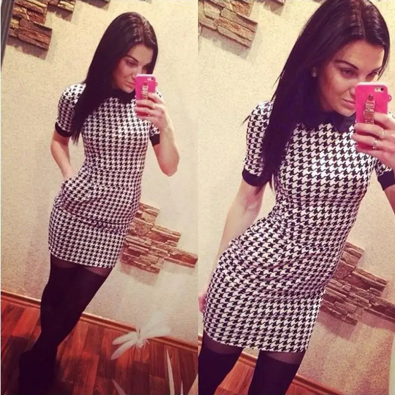 New Women Casual Slim Short Sleeved Plaid Print Bodycon Dresses Plus Size vestidos | Женская одежда