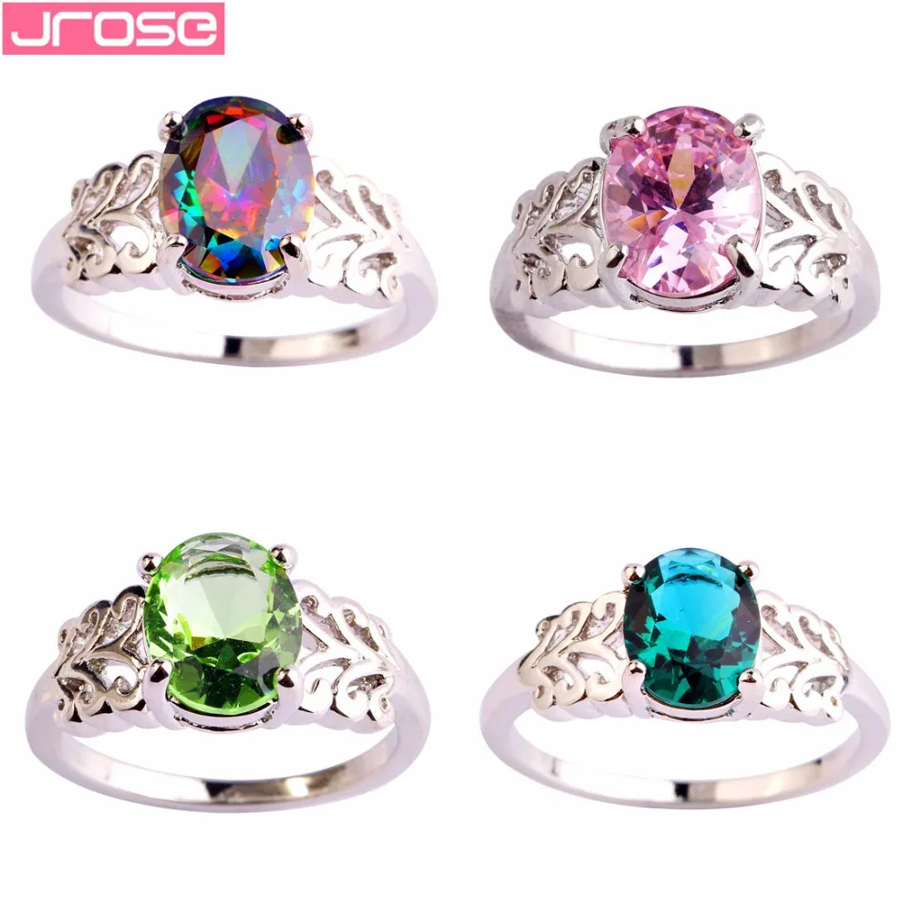 JROSE Wedding Engagement Lady Beautiful Solitaire Jewelry Pink &amp Rainbow Green Cubic Zircon Silver Fashion Ring Size 6-12 | Украшения и