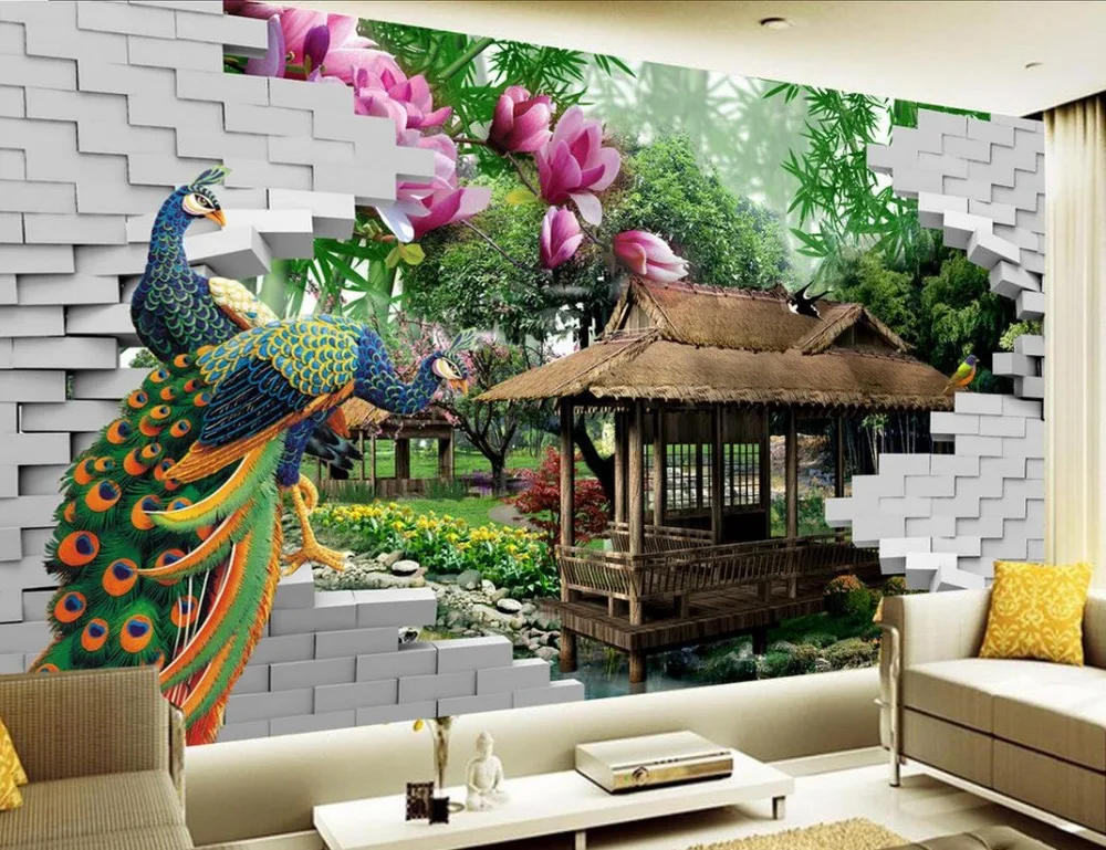 Фотообои 3d обои для ТВ фон Павлин 3D стереоскопическое бамбуковое украшение