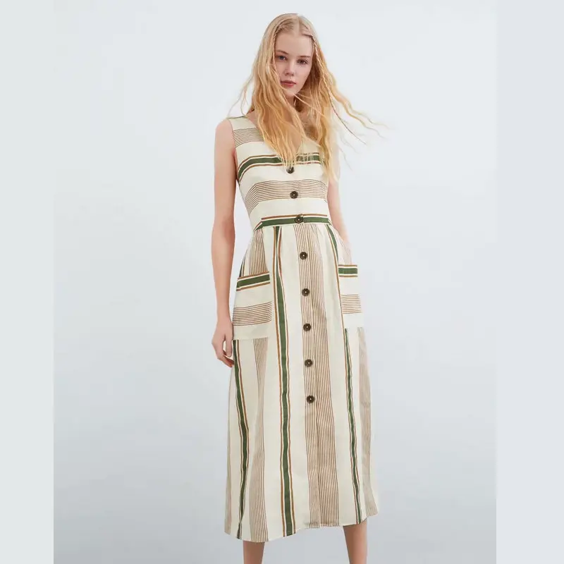 Повседневное летнее женское платье с карманами и пуговицами без рукавов v