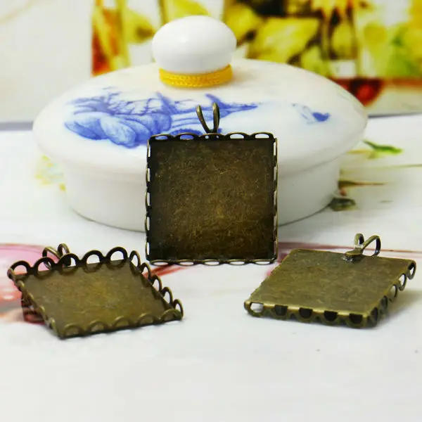 10pcs 20*20mmDIY Silver Plated White/Antique Silver Pendant Blank Base Bezel Setting Lace Edge Tray Bezel Cup Diy Jewelry