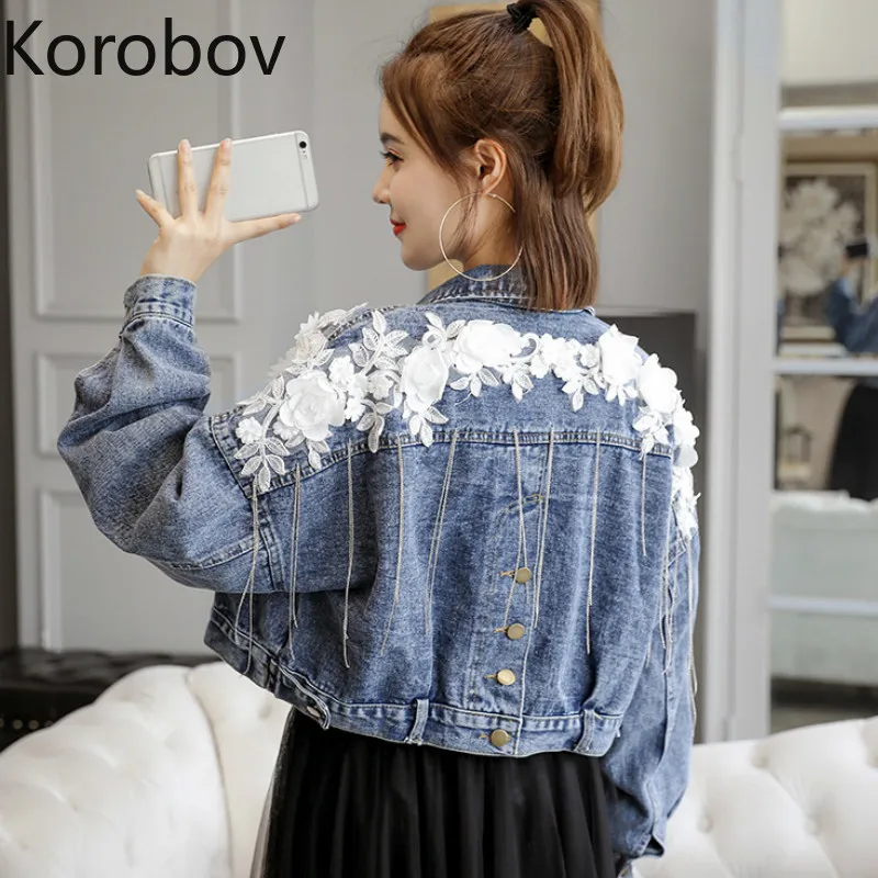 Korobov Autumn New Flower Appliques Denim Jackets Women Single Breasted Pockets Crop Jacket Korean Tassel Jeans 78197 | Женская одежда