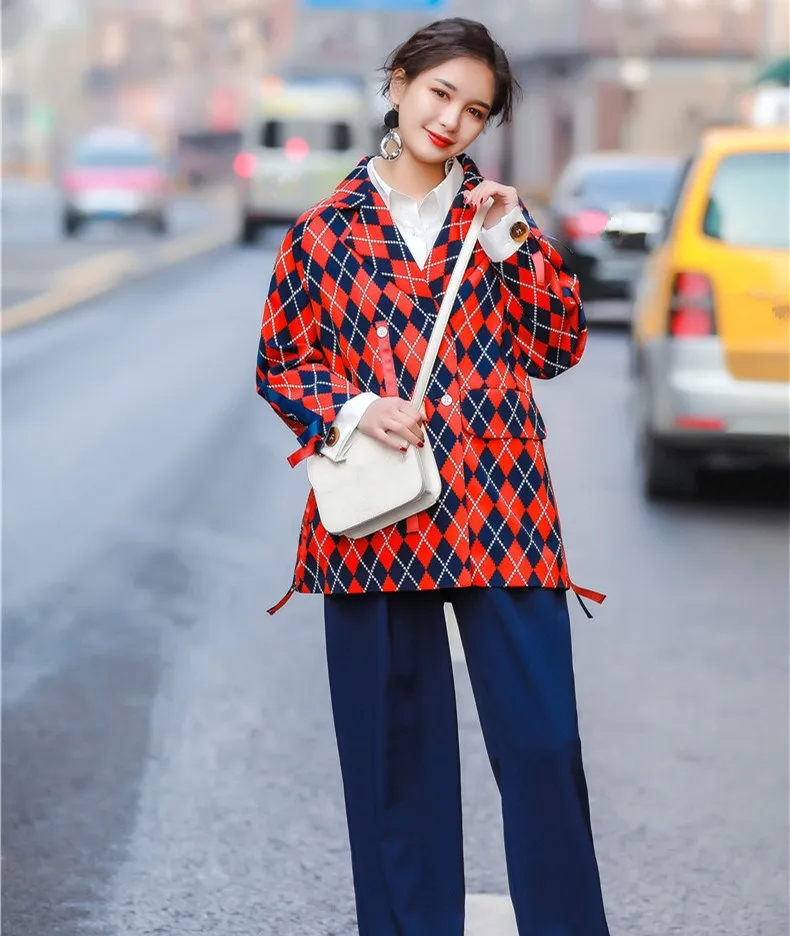 

Women Autumn Full Sleeve Colorful Plaid Jacket Turn-Down Collar Casual Jacket Pockets Patchwork Loose Coat Clothes
