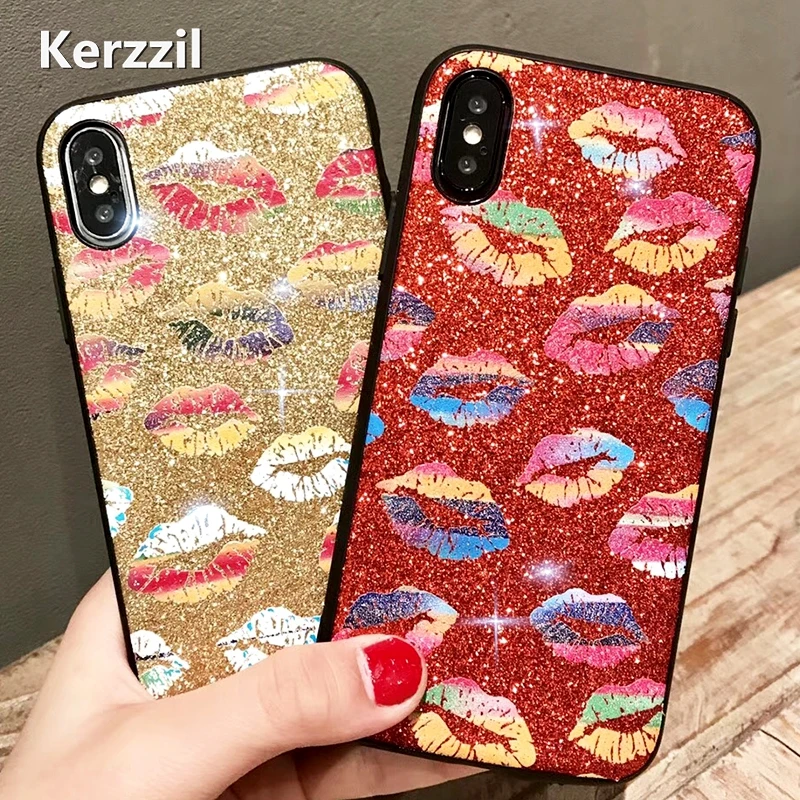 Kerzzil Sexy Red Lips Flash Powder Hard Phone Cases for iPhone X 7 6 S 8 Plus TPU Soft edge 6s Fundas |