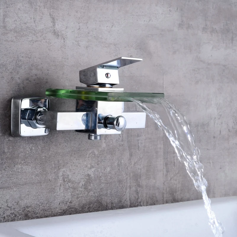 

LANGYO Free Shipping Brass and Glass Faucet Waterfall Bathtub Faucet Wall Mounted Bathroom Mixer Taps Modern Design LH-8012