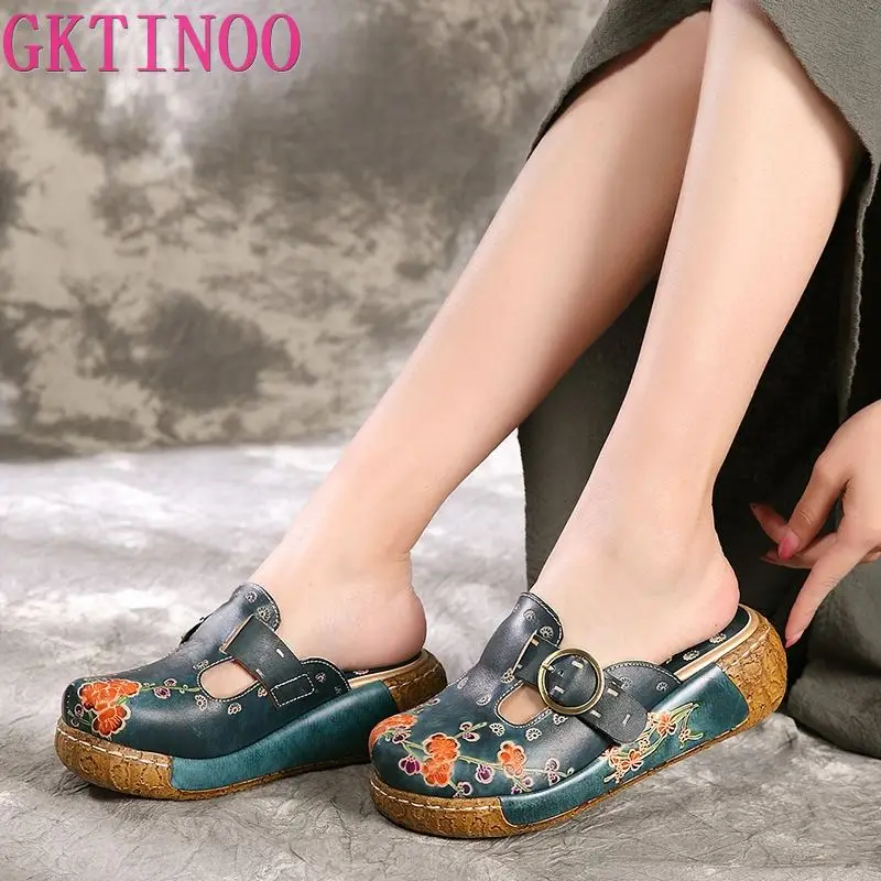 

GKTINOO Genuine Leather Shoes Flower Slippers Handmade Slides Flip Flop On The Platform Clogs For Women Woman Slippers Plus Size
