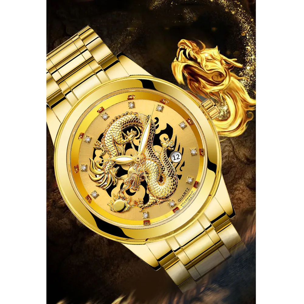 OTOKY Роскошные модные водонепроницаемые светящиеся мужские золотые скульптуры дракона кварцевые часы Роскошные мужские стальные часы кожаные спортивные качественные