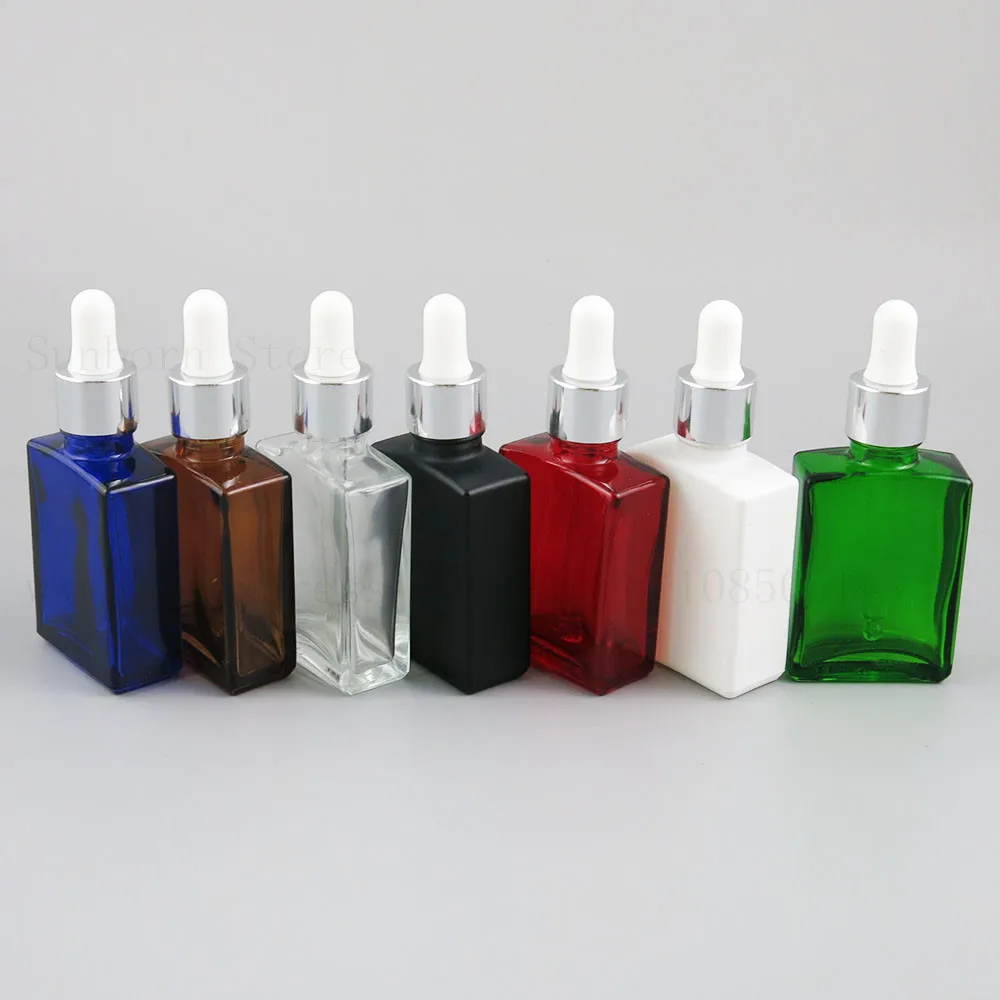 30ml 1 oz Flat Square Amber Clear White Black Blue Glass Bottle e liquid Perfume Dropper Essential Oil Bottles 20pcs images - 6