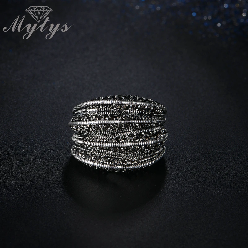 Бренд Mytys черные кольца для женщин проложенный набор черный марказит мигание