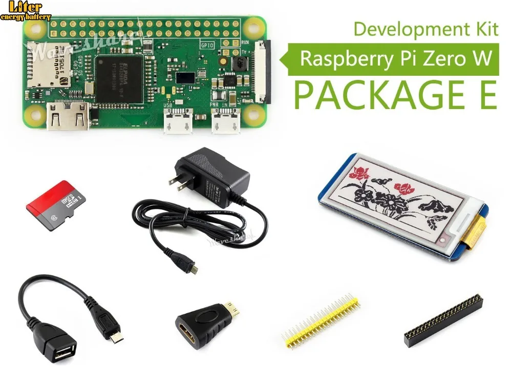 Raspberry Pi Zero W посылка E Базовый комплект для разработки Micro SD карта, адаптер питания, 2,13 дюймовый e-paper HAT и основные компоненты