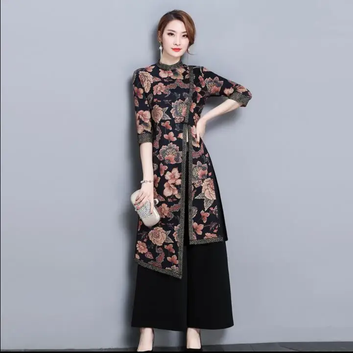 Модные Cheongsam Брюки с широкими штанинами костюм женщина китайское традиционное