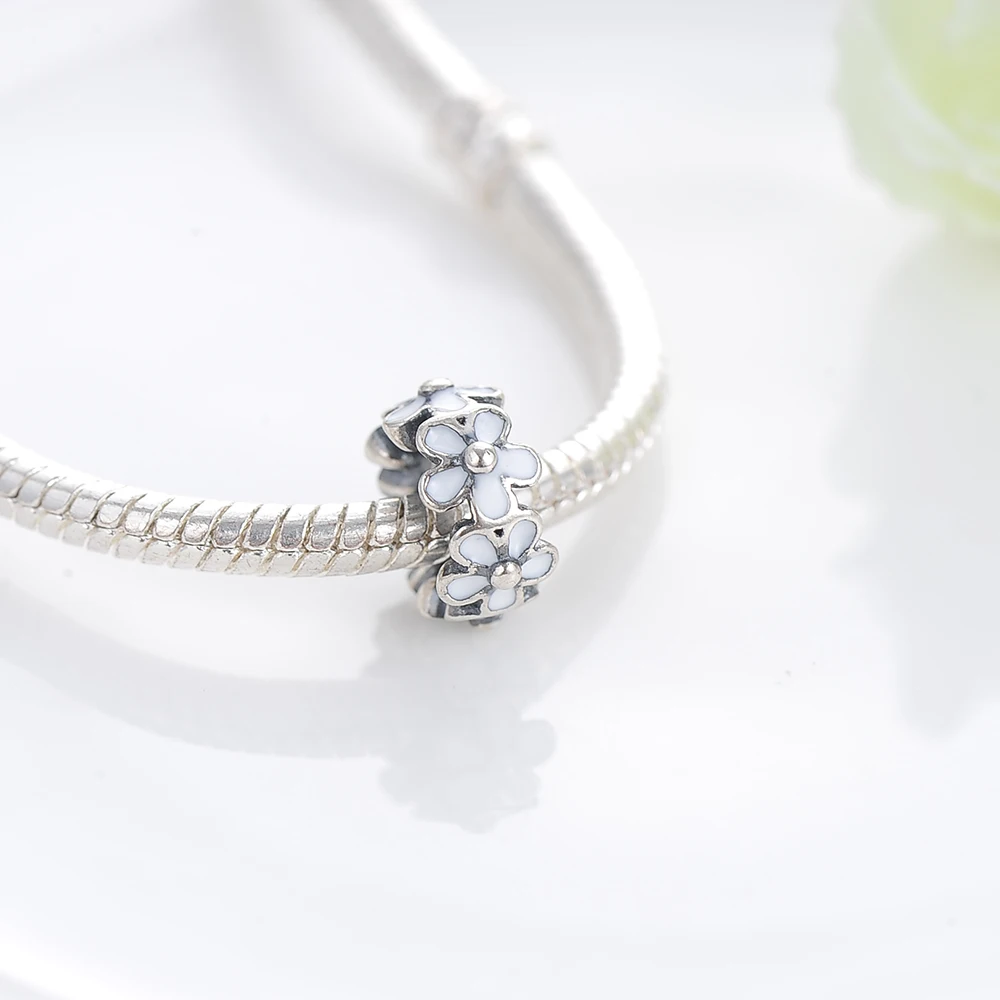 Suplush Darling Daisies Spacer Charm White Enamel Flower 925 Sterling Silver Beads Fit Original Bracelets Fine Jewelry PSMB0238 | Украшения