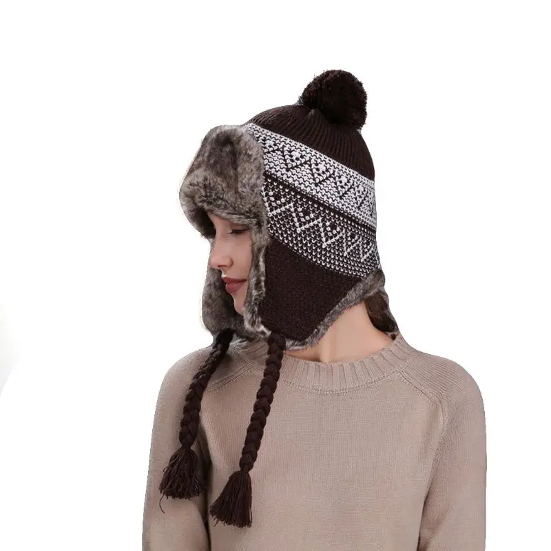 Coffee(wavy) 11 Styles Women Winter Thicken Lining Earflap Hat Knitted Contrast Color Snow Ski Beanie Cap Pompom Ball Long Tassels Ear Warmer - Цвет: Coffee(wavy)