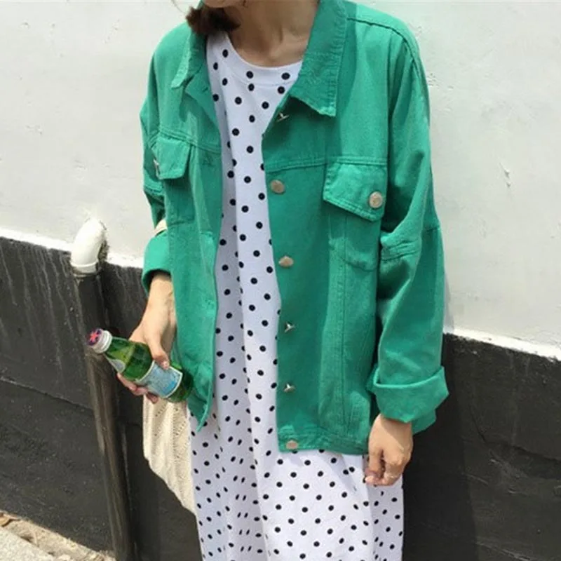 

Autumn New Fashion Women Demin Jacket Multi Colors Turn Down Collar Long Sleeves Loose Fit Plus Size Female Short Coats
