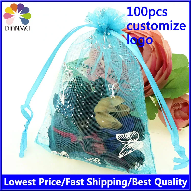 Butterfly Lake Blue Bronzing Organza Упаковочные ювелирные сумки маленькие упаковочные мешочек