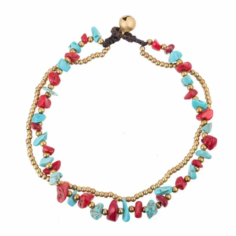 green red Boho Для женщин Камня Бисером Цепочки два слоя ботильоны браслет ручной работы ножной браслет цепь ноги на ноге enkelbandje - Окраска металла: green red