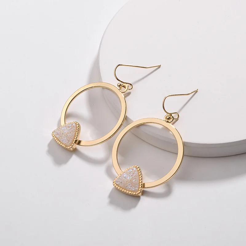 

New Faux Copper Border Triangular Druzy Quartze Drop Earrings Fashion Jewelry Cute Quartz Hook Earrings for Women