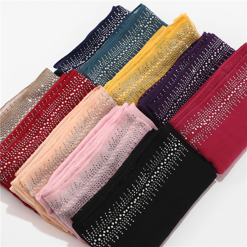 10pc/lot Viscose Soft Cotton Scarf With diamond Women's Plain Pearls Hijab Scarf Female hijab scarf shawl wrap Muslim Hijabs