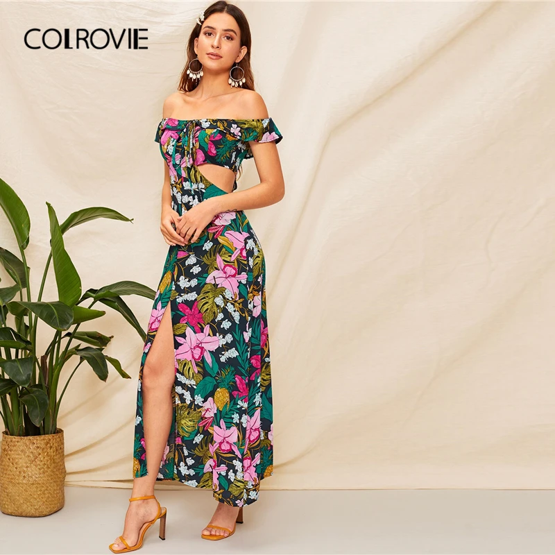 COLROVIE, с открытыми плечами, цветочный принт, с вырезами, бохо, макси платье для женщин, лето, с коротким рукавом, с высокой талией, одежда для отпуска, пляжные платья