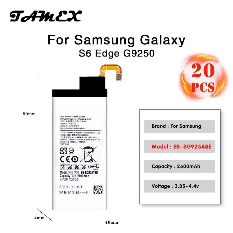 Новейший OEM Сменный аккумулятор для Samsung Galaxy S6 edge SM G925 EB BG925ABE 2600MAH batteria akku