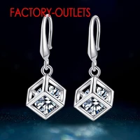 new arrival happy cube 925 silver inside white cubic zirconia square hook earring for women fashion accessory factory price
