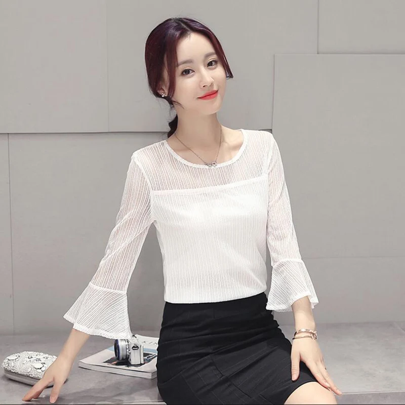 Fashion Three Quarter Flare Sleeve Chiffon Blouse Women 2018 Sexy Lace Mash Perspective Blusas Slim Top Plus Size Blouses LY897 | Женская