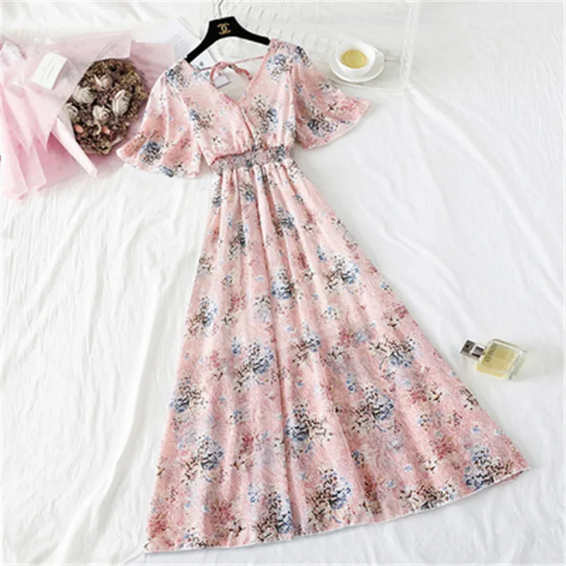 Женское шифоновое платье с коротким рукавом длинное пляжное большого размера