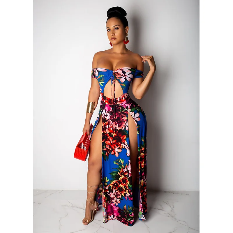 Женское платье с открытыми плечами и цветочным принтом разрезом|Женские платья| |