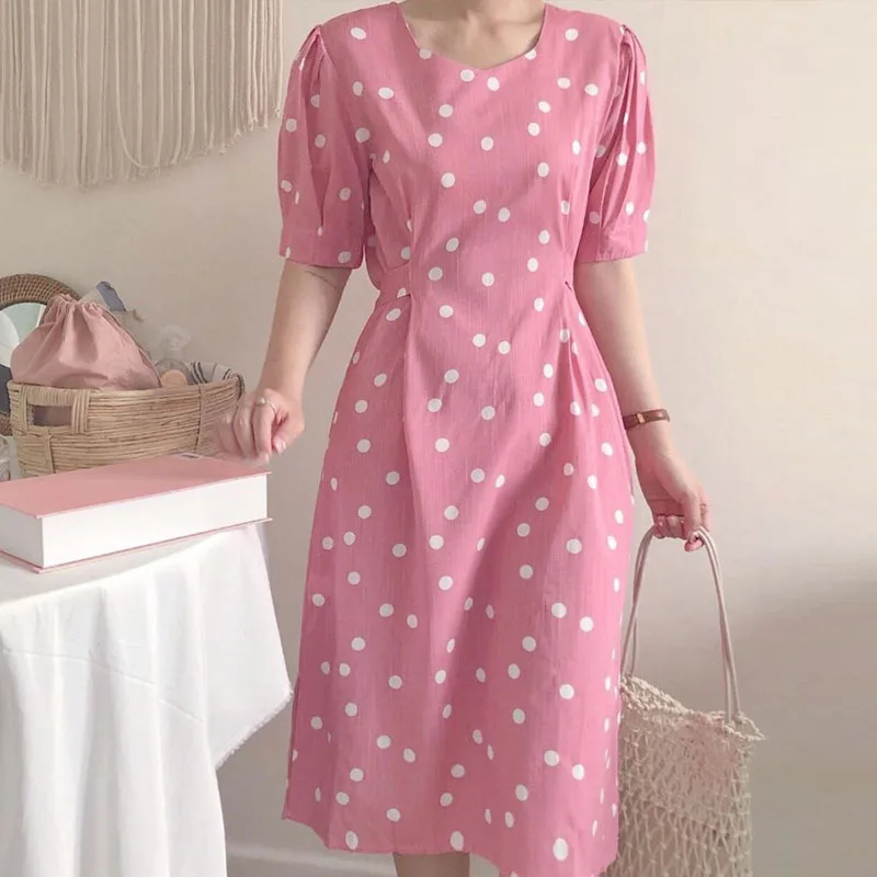 2019 New Style Chic Vintage Slim Square Neck Lantern Sleeve Long Polka Dot Dress Pink Yellow Blue 80s French | Женская одежда
