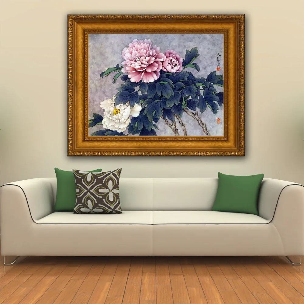Пейзаж в китайском стиле с розовыми и белыми пионами печать на холсте картина