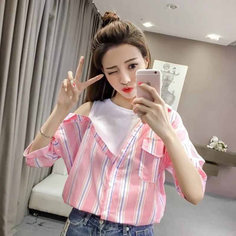 Fashion Pink Short Sleeve Shirt Women 2018 Striped Summer Shirts Loose Casual Tops TTBE008 |