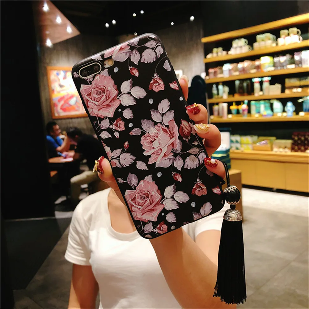Fashion Flower Silicone Phone Case for IPhone 7 Retro 3D Rose Leaves Tassel X 5 5S 6 6S 8 Plus Cover Fundas |
