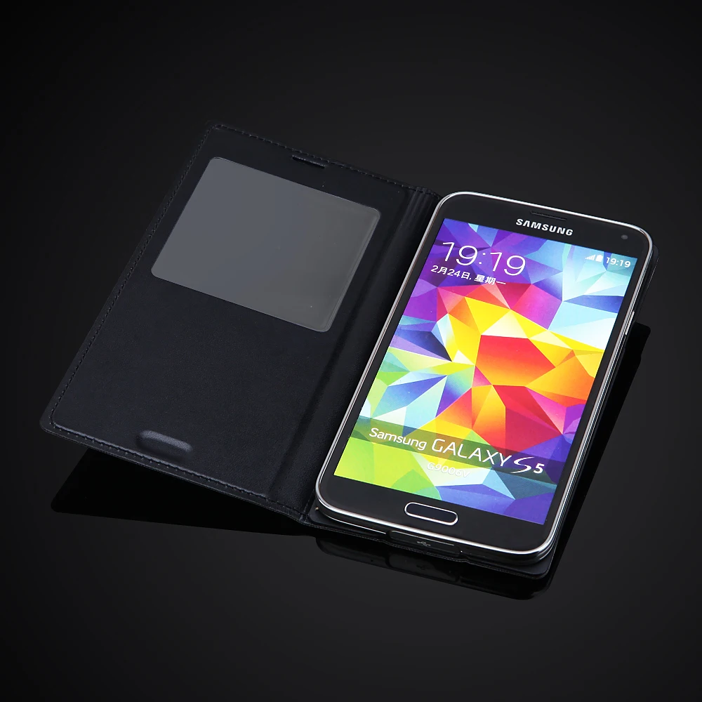 Тонкий кожаный чехол книжка для Samsung Galaxy S5 SV i9600 Smart View телефона с ИС|case for samsung