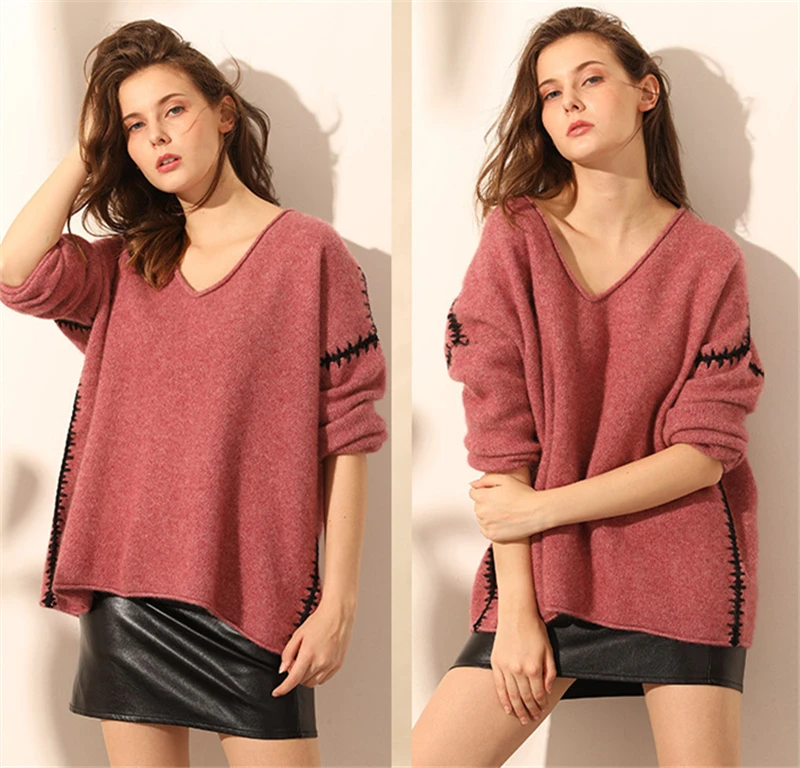 pure goat cashmere knit women fashion handmade sewed spliced Vneck pullover sweater H-straight wide loose solid color S/M/L | Женская