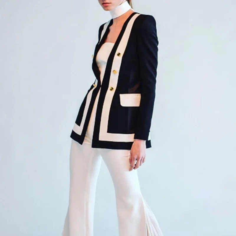 2019 женский двубортный осенний приталенный контрастный цвет с металлической