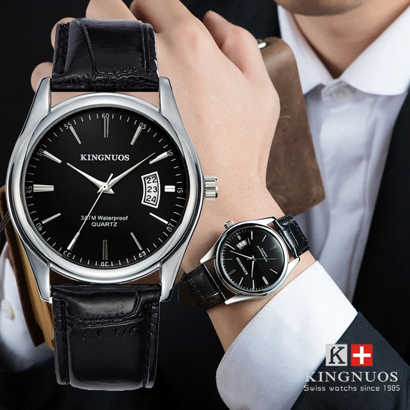

Relogio Masculino Kingnuos Brand Leather Wrist Watches for Men Hodinky Male Clock Date Calendar Men's Quartz Watch Reloj Hombre