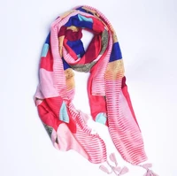 women fashion colorful plaid cotton silk soft tassel scarf
