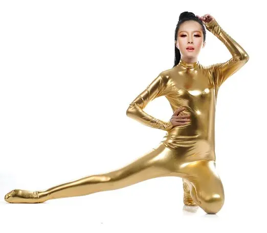 Женский Блестящий металлический золотой комбинезон Zentai Dancewear Footed Spandex боди на
