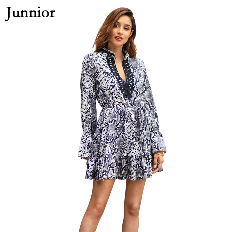 JUNNIOR Leopard Мини платье Для женщин пикантные платья с длинным рукавом v образным