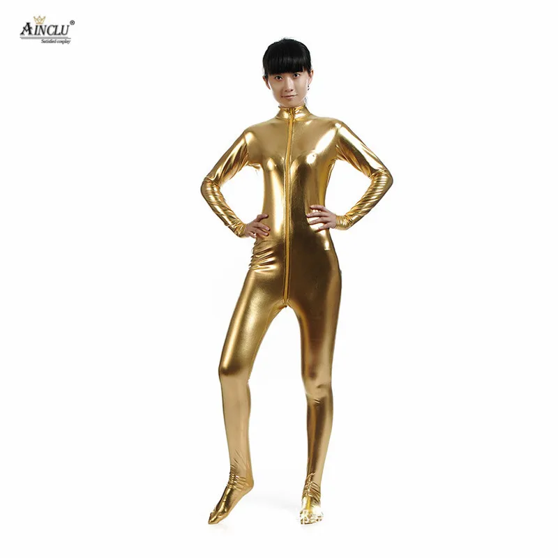 Ainclu цельный золотой металлик Zentai для хеллоуина Блестящий спандекс с длинным