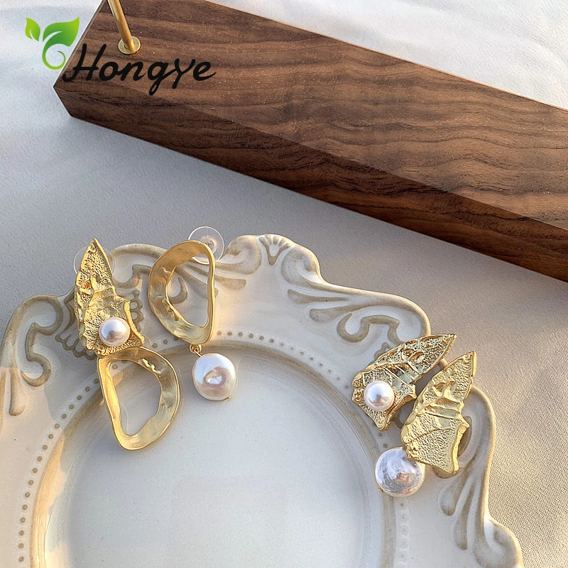 Hongye, большие серьги-капли для женщин, серьги с пресноводным жемчугом, вечерние серьги с геометрическим орнаментом, модные ювелирные изделия