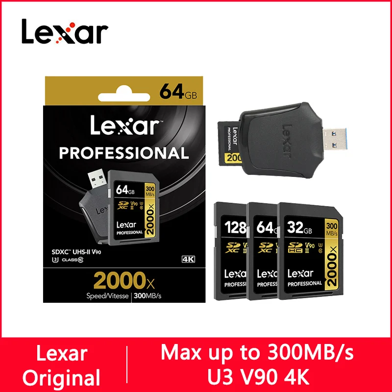 Lexar 2000X sd-карта 32 Гб 128 Гб 64 Гб класс 10 U3 V90 4 K карта памяти 32 64 128 ГБ 300 МБ флэш-карта памяти SD для камеры SDXC SDHC