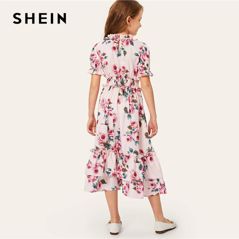 SHEIN/Детское платье розового цвета с цветочным принтом, многослойное платье-рубашка в стиле бохо для девочек, летнее праздничное платье с пышными рукавами и рюшами, милые платья средней длины