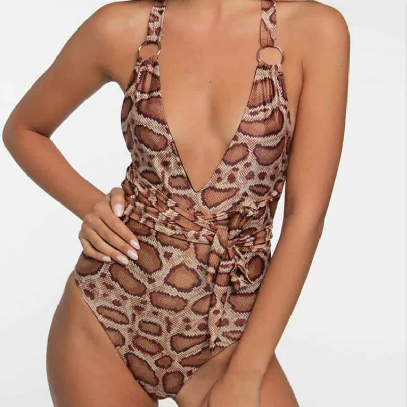 

Hot Sale Summer 2019 Bandage Ring Monokini Snake Deep V Swimsuit One Piece Split May Women Fused Swimwear Female with Headband