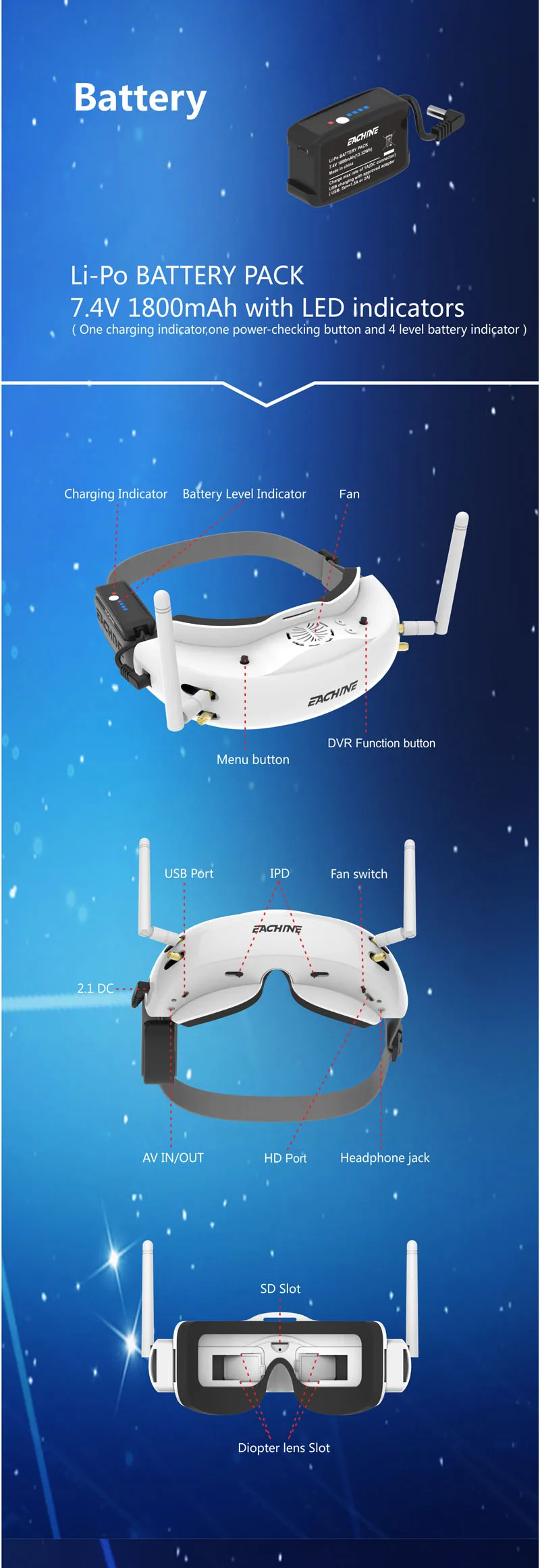 EV200D 1280*720 5,8G 72CH истинное разнообразие FPV очки HD порт в 2D/3D встроенный DVR для радиоуправляемого дрона VS EV100D черный белый
