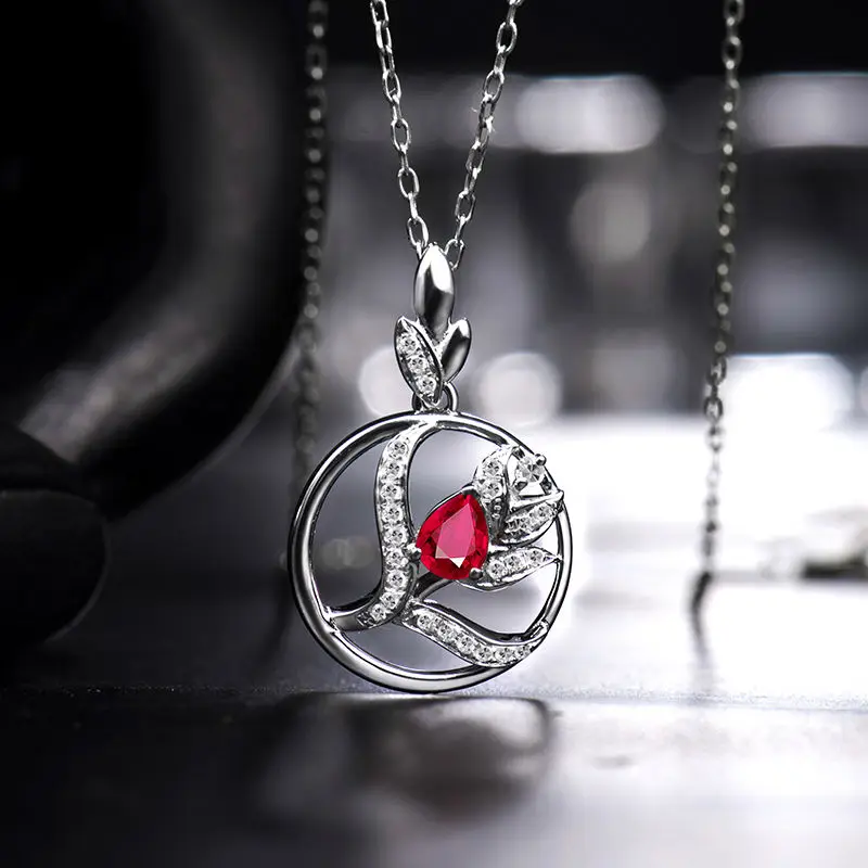 Ожерелье женское из белого золота с рубинами и бриллиантами|diamond ruby pendant|ruby diamond